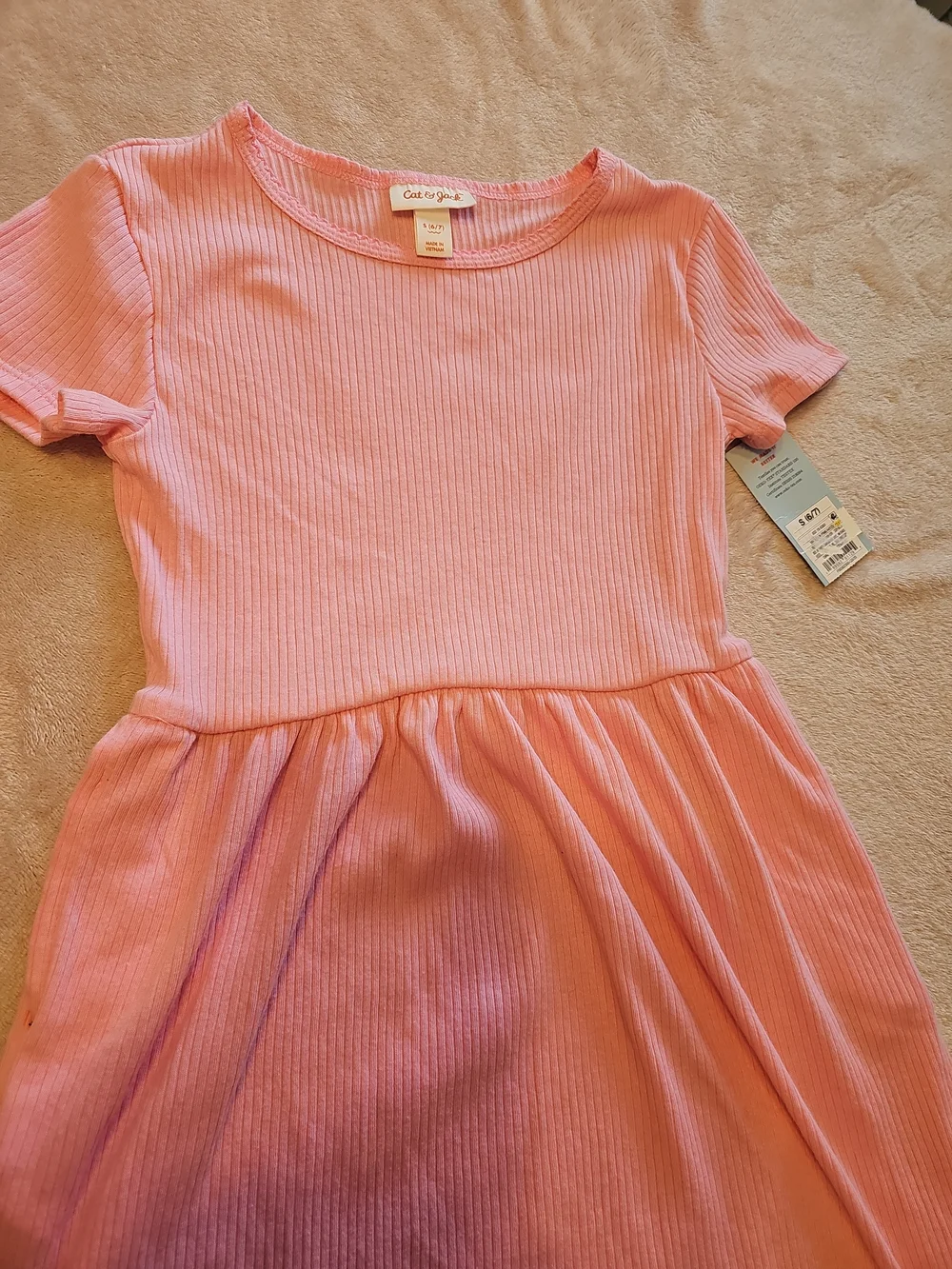 Girls-Pink Ribbed Short-Sleeve Dress